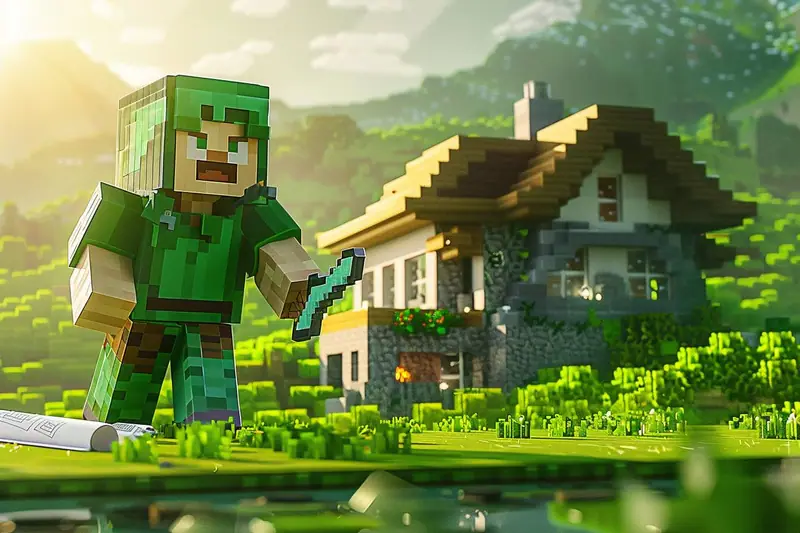 Maison Minecraft en bois et pierre avec toit à deux pentes, éclairée à la tombée de la nuit