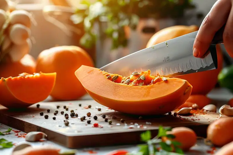 Mains découpant un potimarron sur une planche stable avec un couteau de chef