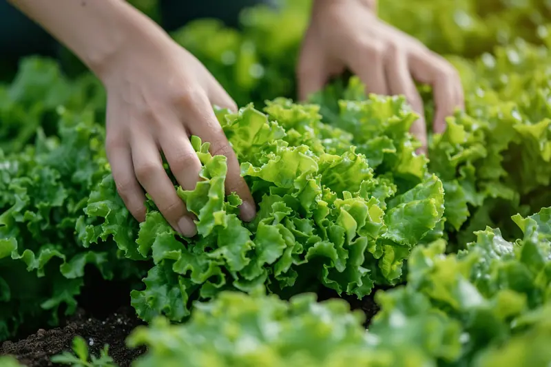 Jardinier coupant une laitue à feuilles au-dessus de son collet dans un potager paillé