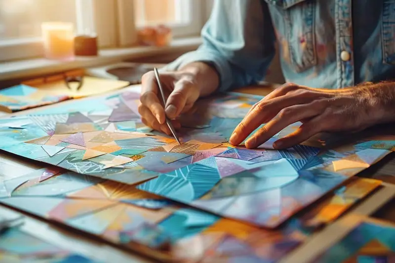 Mains découpant une illustration végétale en papier coloré sur un tapis de coupe