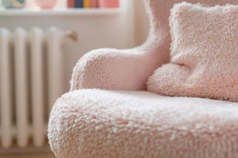 Banquette cocooning basse en mousse épaisse habillée d’un tissu matelassé beige dans un salon lumineux