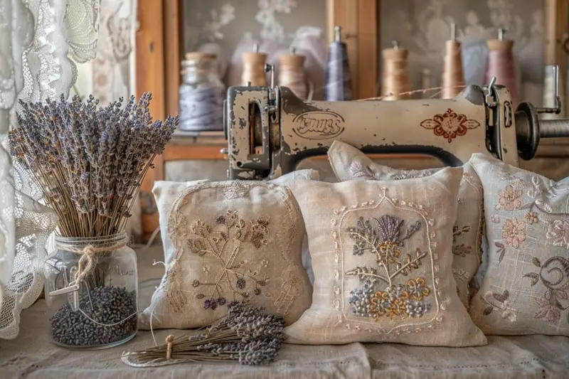Sachets de lavande en lin brodés à la main avec fleurs séchées et fils violets