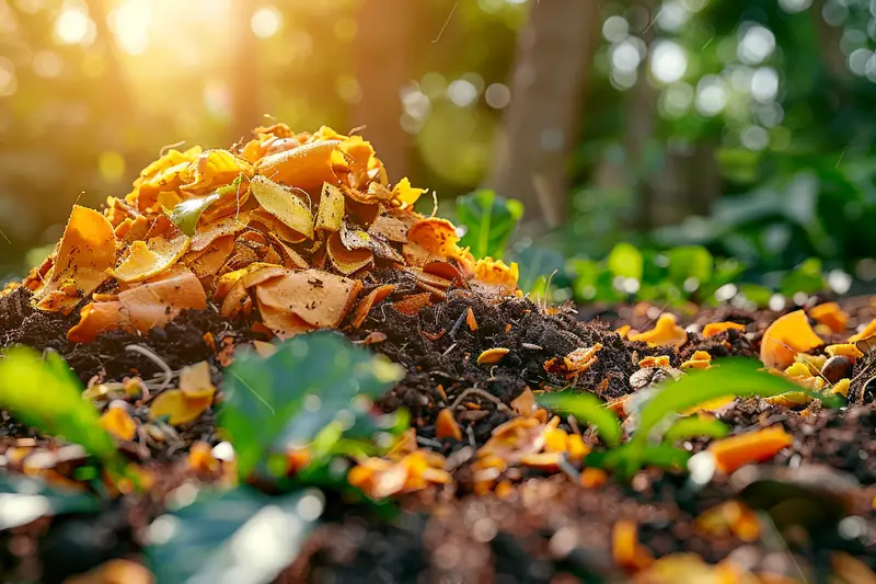 Terreau de feuilles et écorces de pin utilisés en paillage au pied d’un rhododendron