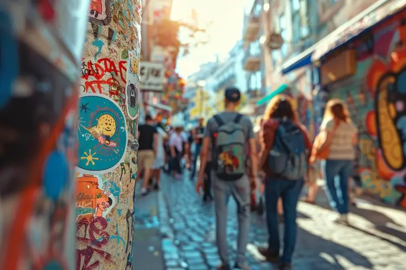 Créatrice ajustant un prototype de sticker coloré sur une gourde en métal