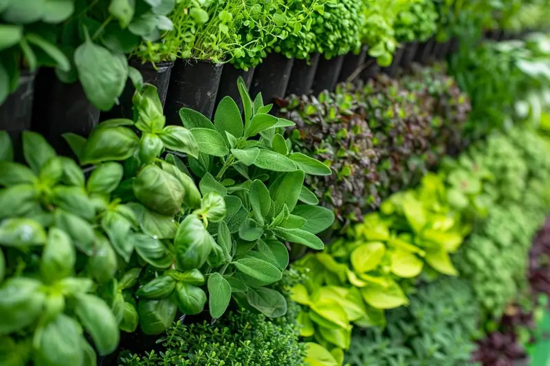 Potager vertical sur balcon avec étagère de plantes aromatiques, salades et fraisiers