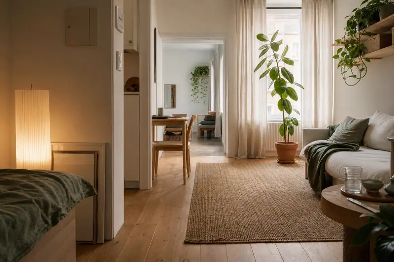 Studio lumineux mêlant plantes d’intérieur, bois clair, lin naturel et rangements discrets