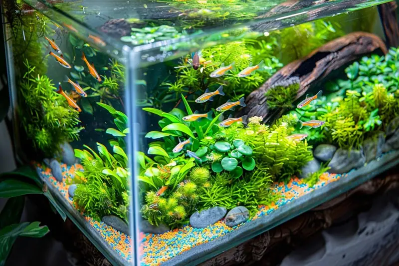 Terrarium aquatique ouvert avec mousses, plantes immergées et galets sur une table lumineuse