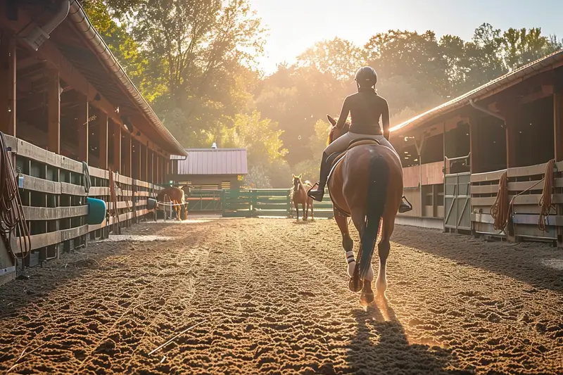 Cavalière débutante casquée préparant un poney avec son moniteur dans un manège