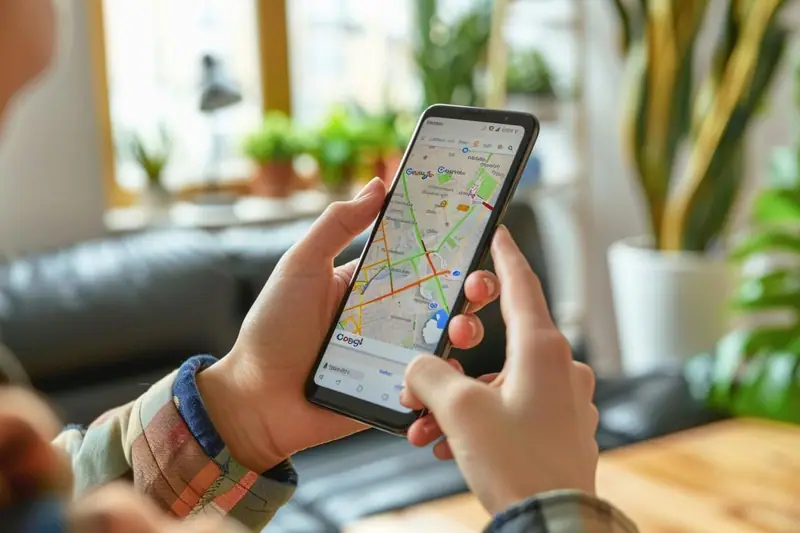 Personne publiant un avis sur Google Maps depuis son smartphone dans un café