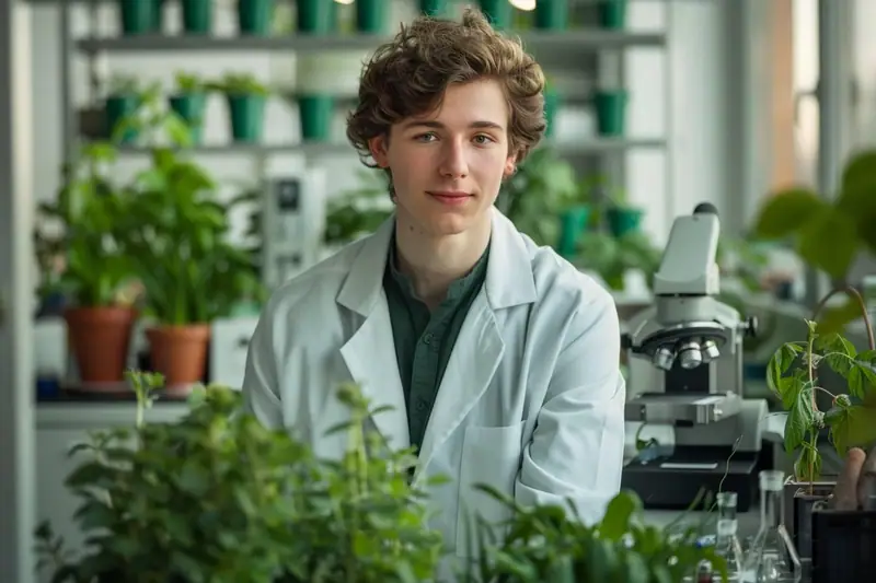 Chercheuse en blouse analysant de jeunes plants sous serre expérimentale avec matériel de laboratoire