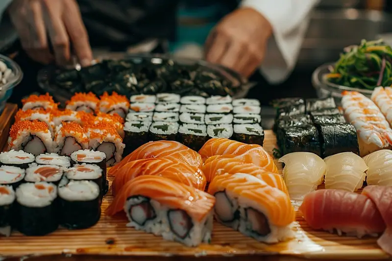 Chef japonais façonnant des nigiri sur un comptoir avec riz vinaigré et poisson frais