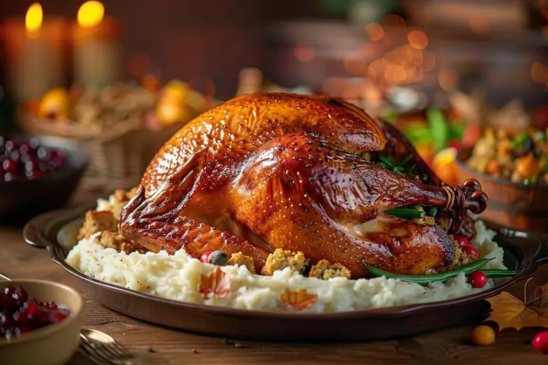 Table de Thanksgiving avec dinde rôtie, purées, sauce aux canneberges et tarte à la courge