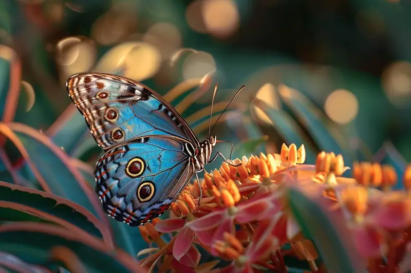 Papillon Morpho bleu posé sur un feuillage tropical dans une grande volière humide et lumineuse