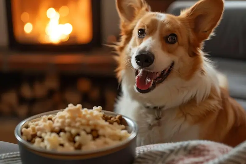 Chien adulte reniflant calmement des croquettes dans une gamelle posée sur un sol de cuisine