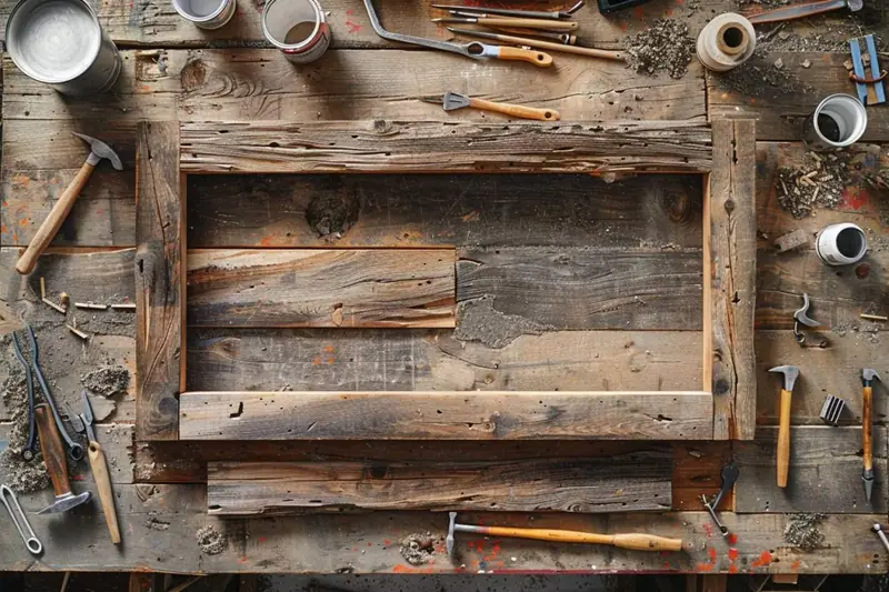 Cadre de miroir en bois en cours d'assemblage sur un établi avec outils de bricolage