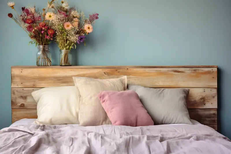 Tête de lit DIY capitonnée en tissu beige fixée sur un mur de chambre aux tons chauds