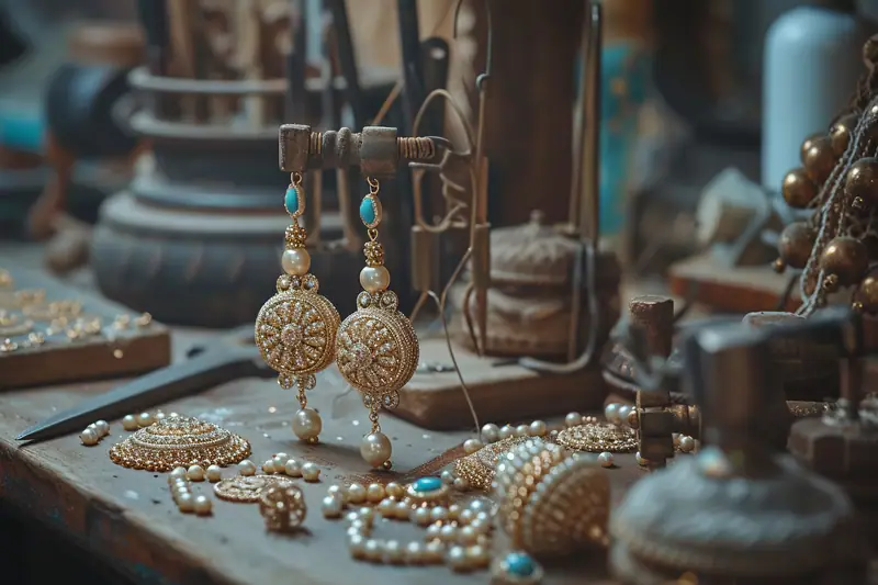 Mains utilisant des pinces pour monter une perle sur une tige de boucle d’oreille dorée