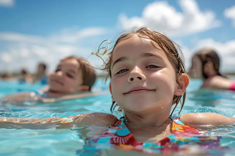 Un parent soutient un enfant sur le dos dans une piscine calme pendant un exercice de flottaison