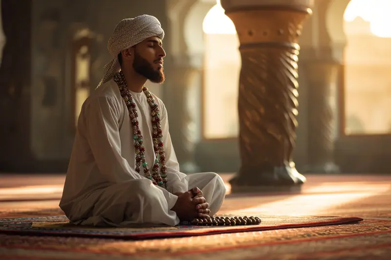 Musulman priant sur un tapis dans une pièce lumineuse orientée vers la qibla