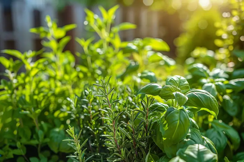 Basilic, thym, persil et ciboulette cultivés dans des pots percés sur un balcon ensoleillé