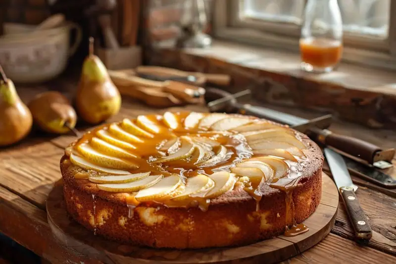 Gâteau moelleux aux poires, tranches disposées en rosace et croûte dorée au beurre demi-sel