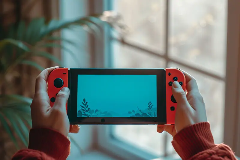 Smartphone sur trépied filmant une Nintendo Switch affichée sur un téléviseur dans un salon