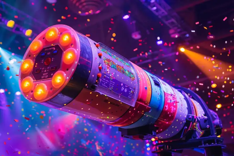 Canon à confettis électrique installé sur pied dans une salle de fête avant son déclenchement