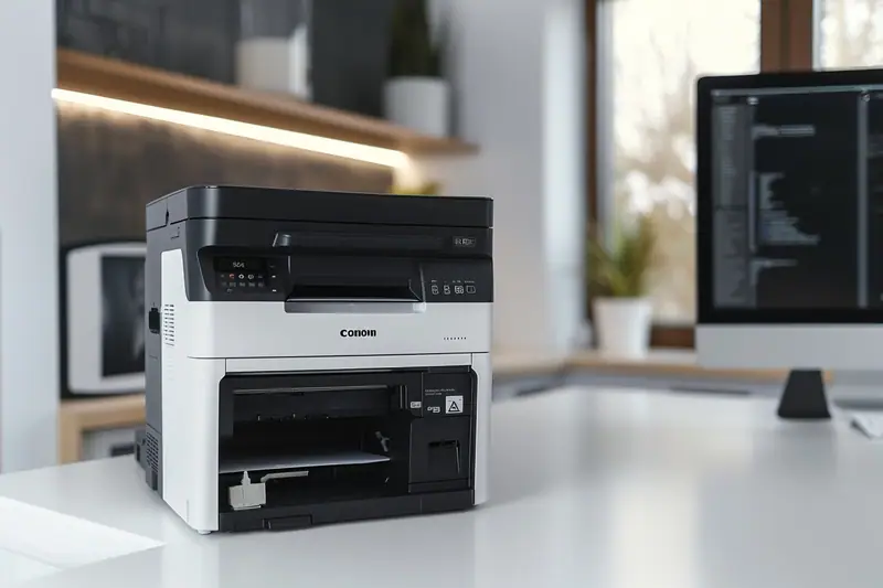 Ordinateur portable configurant une imprimante jet d’encre sans fil sur un bureau lumineux