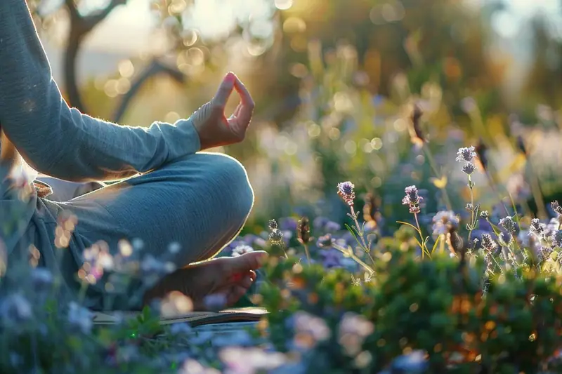 Pratiquante sur tapis dans un salon lumineux, en méditation après des postures de yoga doux