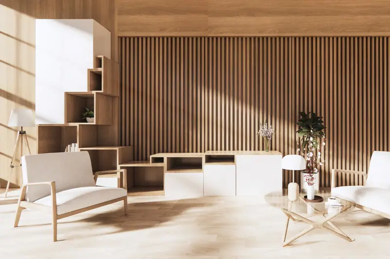 Claustra en tasseaux de bois clair séparant un salon lumineux d’un espace repas contemporain