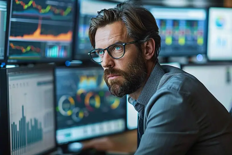 Data analyst comparant des tableaux de bord sectoriels avec une équipe en environnement professionnel