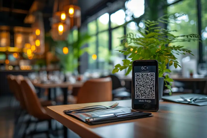 Client consultant un menu QR code sur smartphone à la table d’un restaurant lumineux