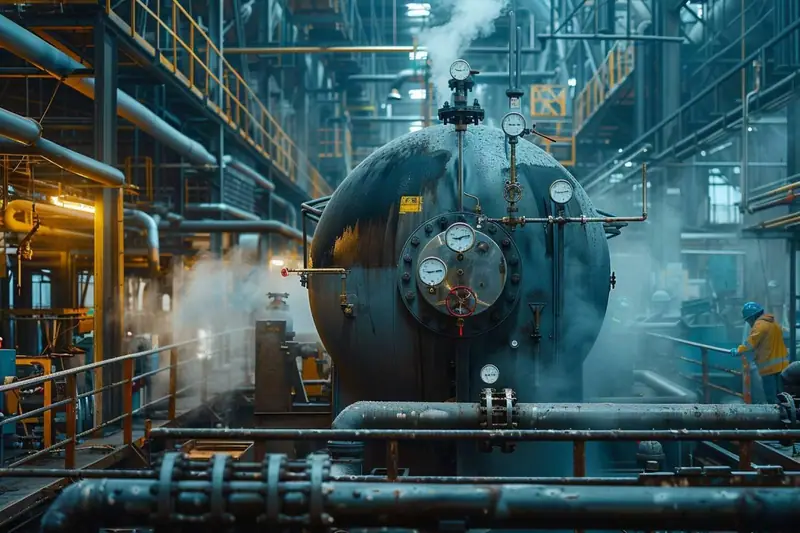 Technicien contrôlant une chaudière industrielle et ses instruments dans une chaufferie moderne