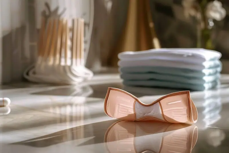 Culottes menstruelles lavées et protections périodiques jetables posées sur une table de salle de bain