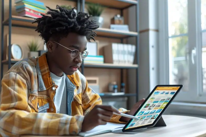 Élève travaillant sur un exercice de mathématiques avec tablette, cahier et parent à proximité