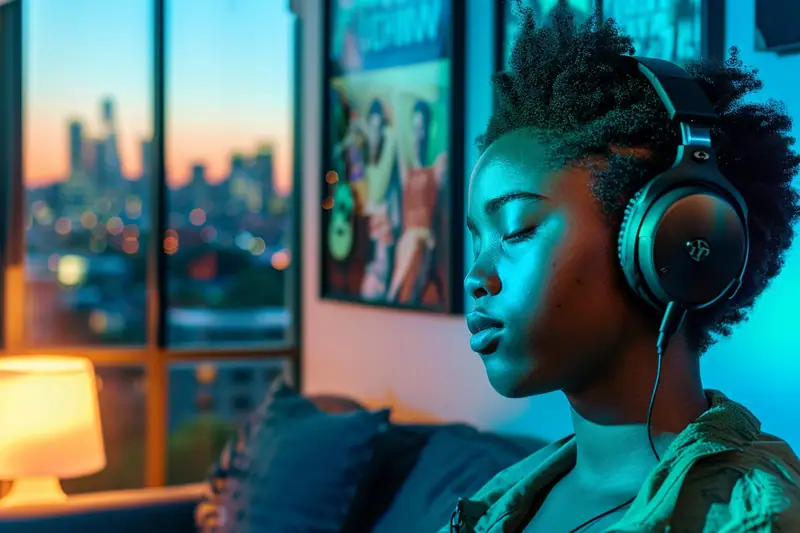 Utilisatrice choisissant une playlist personnalisée sur smartphone avec casque audio dans un salon