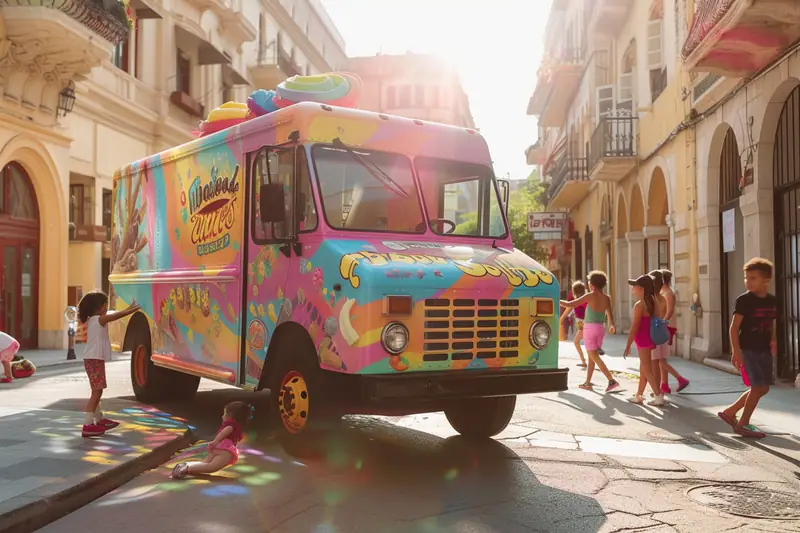 Camion glacier blanc stationné sur un marché avec vitrine de glaces et comptoir ouvert