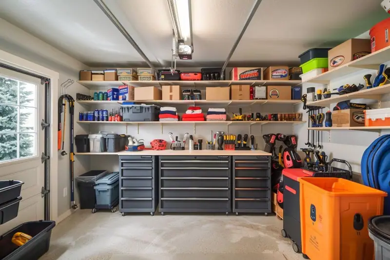 Garage ordonné avec vélos suspendus, étagères modulables et établi mural dégagé