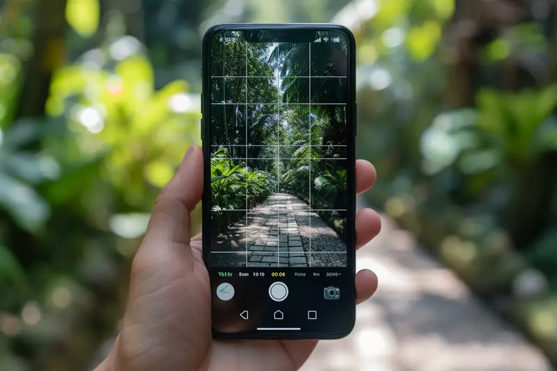 Main utilisant une tablette pour superposer une grille transparente sur une photographie de paysage