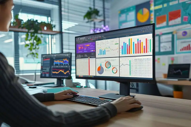 Professionnelle explorant un rapport interactif de données sur un ordinateur portable