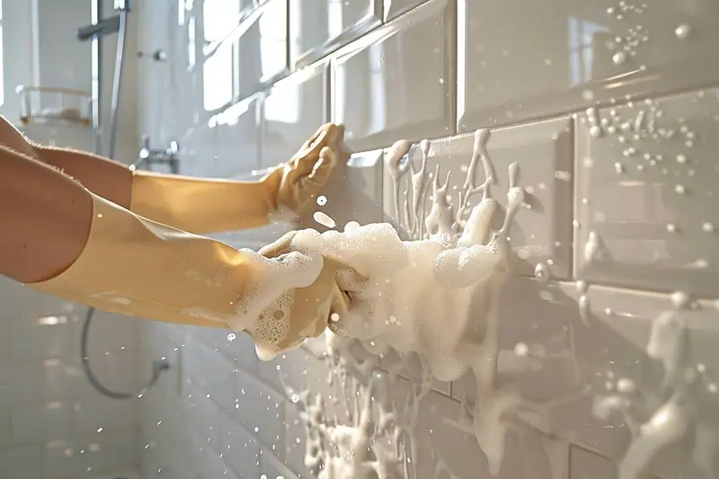 Paroi de douche en verre nettoyée avec une raclette et une microfibre près d’un mitigeur chromé