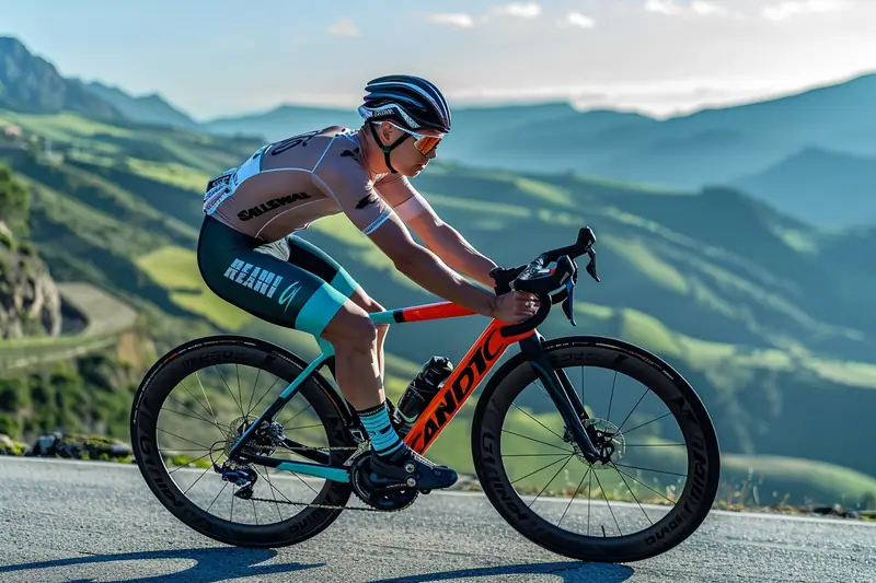 Cycliste sur route vallonnée consultant son compteur pendant une séance d'entraînement structurée