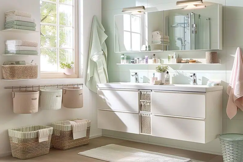 Petite salle de bain lumineuse avec meuble sous vasque compact et étagères murales bien organisées