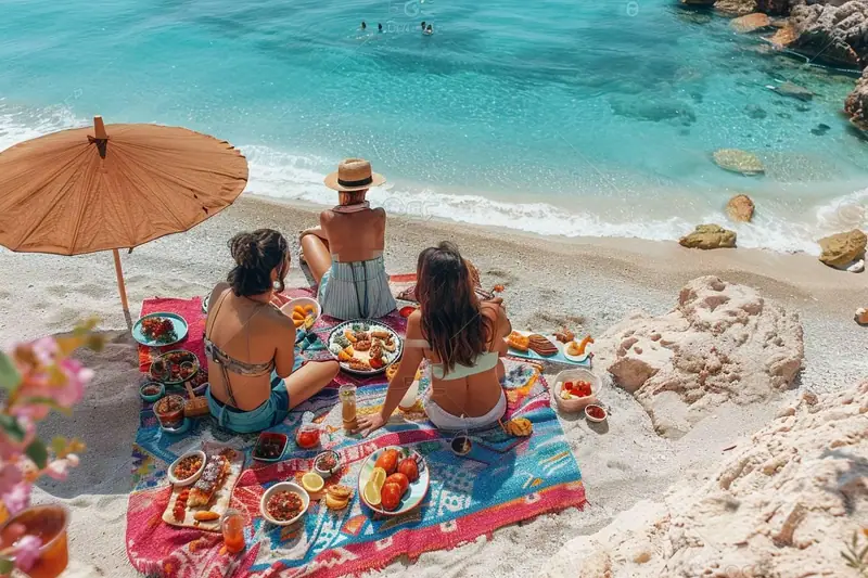Famille installant un pique-nique protégé du sable sur une plage avec glacière et tapis