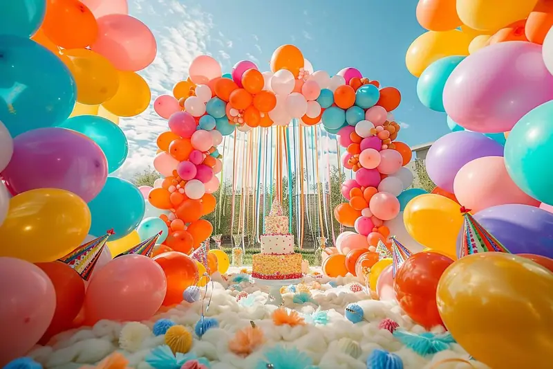 Table d’anniversaire familiale décorée avec gâteau, assiettes colorées et guirlandes dans un salon lumineux