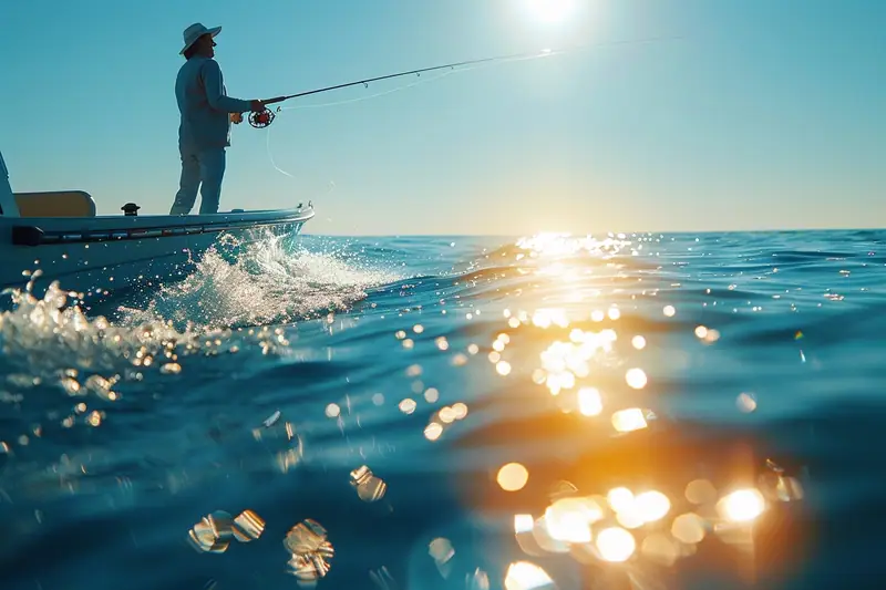 Pêcheur sur une digue au crépuscule animant une turlutte pour pêcher le calamar