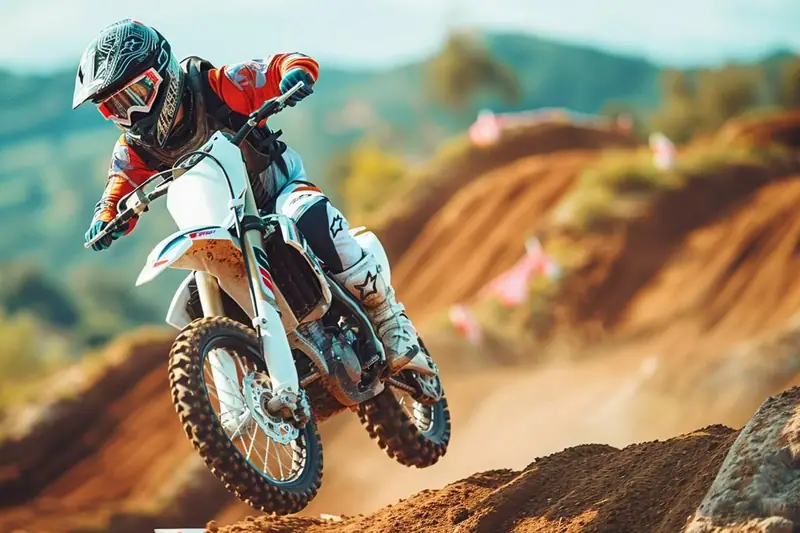 Pilote de motocross équipé sur une piste en terre avant le départ