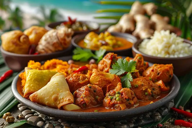 Table dressée avec cari, riz, lentilles, rougail tomate et achards colorés