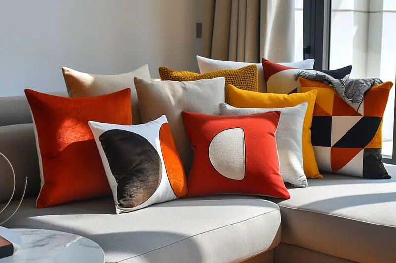 Housses de coussin faites main en lin, velours et bouclette sur un canapé lumineux