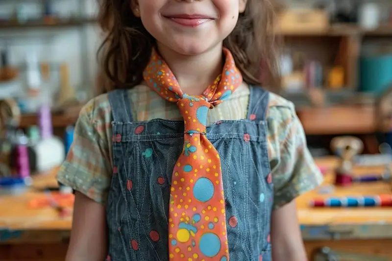 Cravate enfant en coton à nœud cousu posée sur une chemise claire avec matériel de couture